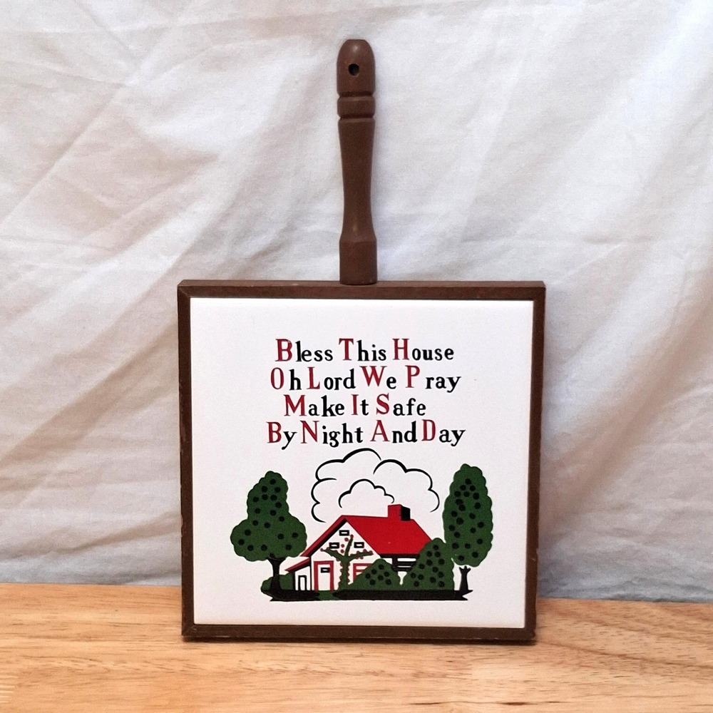 FM Tile Trivet Wall Decor OS Brown Bless This House Prayer Wood Frame Japan